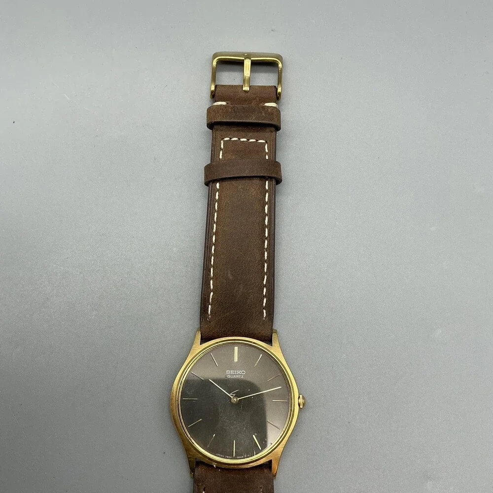 Vintage Seiko Quartz 7430-8009 Mens Watch 31mm Brown Dial Leather New Battery